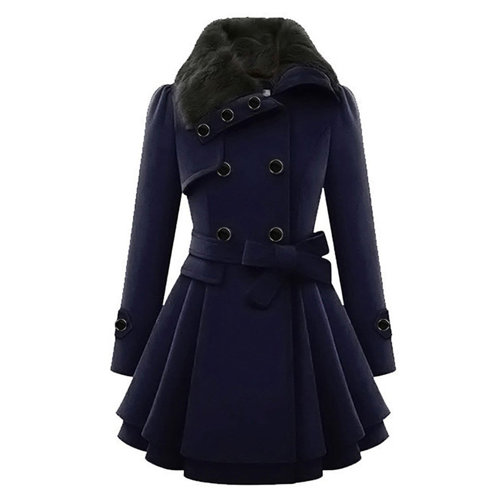 Women’s blue coat with faux fur collar, double-buckle straps, and belted waist