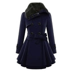 Women’s blue coat with faux fur collar, double-buckle straps, and belted waist