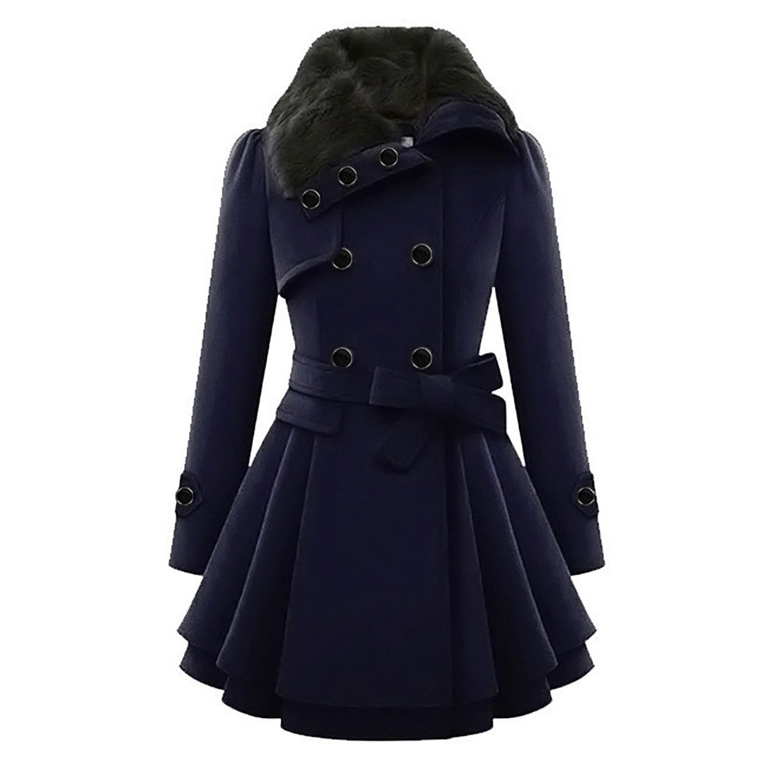 Women’s blue coat with faux fur collar, double-buckle straps, and belted waist