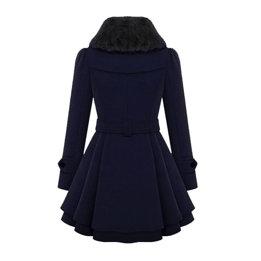 Women’s navy coat with faux fur collar and belted waist, flared skirt hem