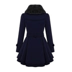 Women’s navy coat with faux fur collar and belted waist, flared skirt hem