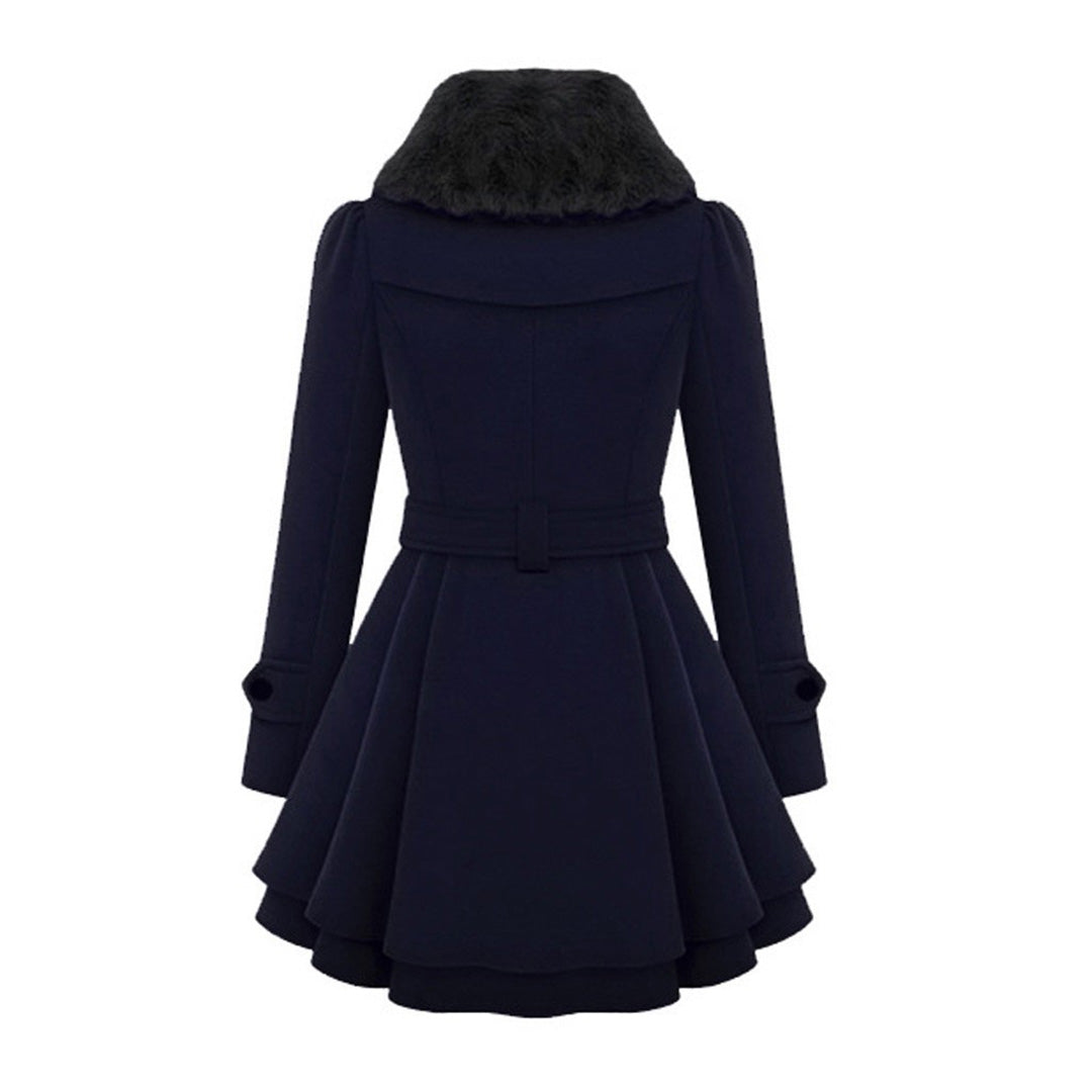 Women’s navy coat with faux fur collar and belted waist, flared skirt hem