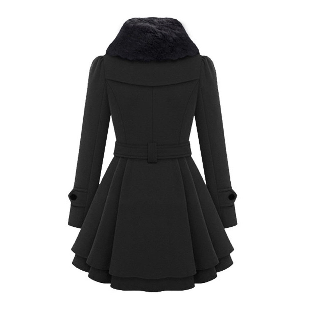 Women’s black coat with faux fur collar, belted waist, and flared skirt hem