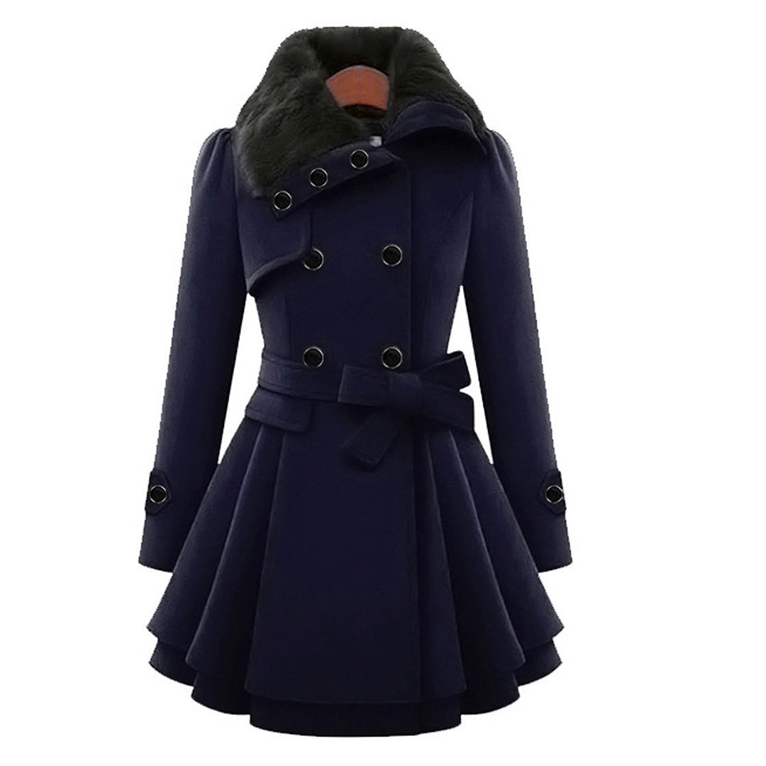 Women’s blue coat with faux fur collar, double-breasted buttons, and belted waist