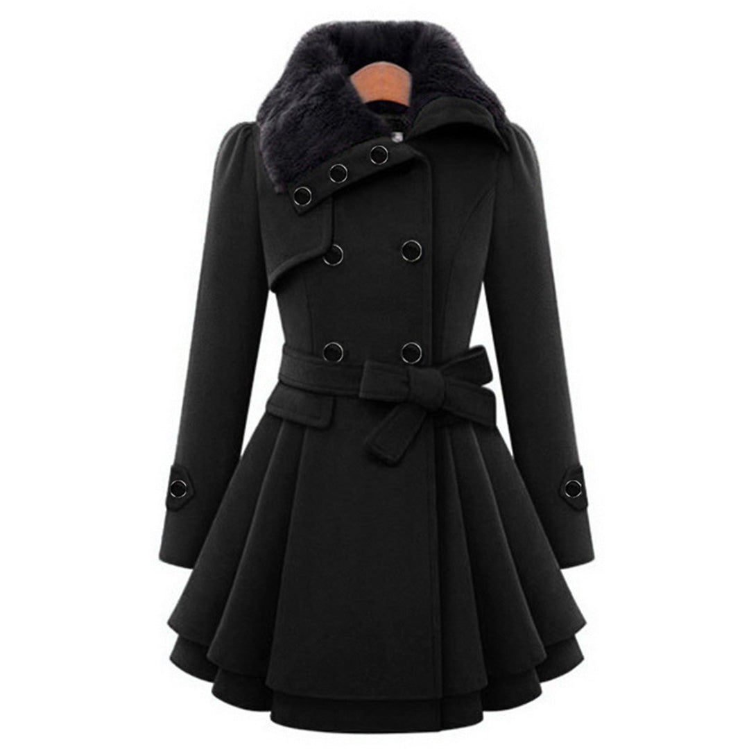 Women’s black coat with faux fur collar, double-breasted buttons, and belted waist