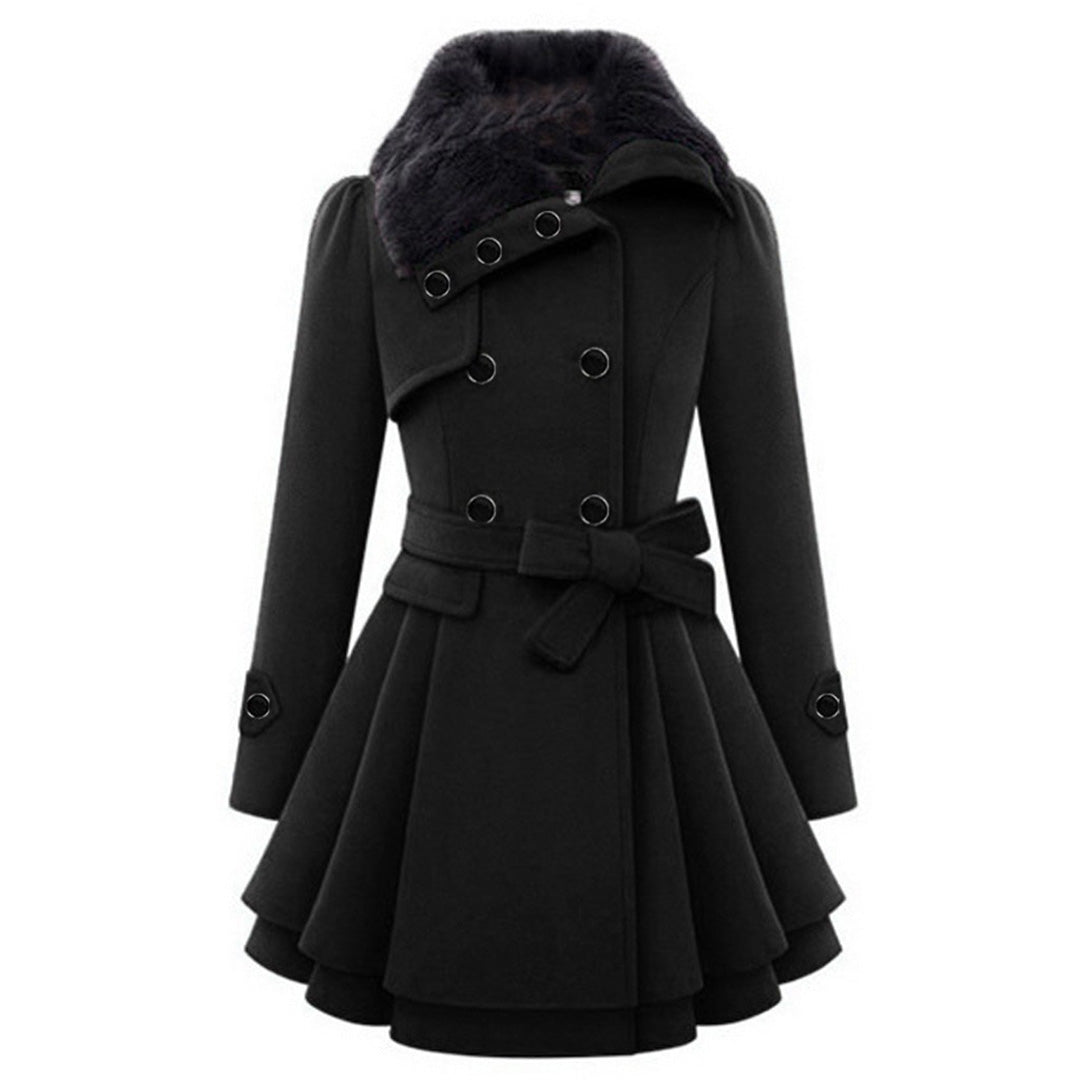 Women’s black coat with faux fur collar, double-buckle straps, and belted waist