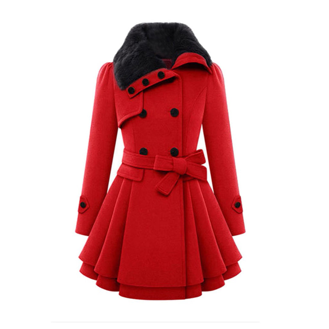Women’s red coat with faux fur collar, double-breasted buttons, and belted waist