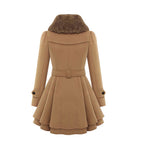 Women’s khaki coat with faux fur collar, belted waist, and flared skirt hem