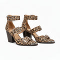 Leopard print heeled sandals with two buckle straps and square toe, block heel