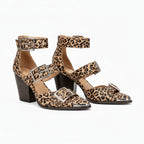 Leopard print heeled sandals with two buckle straps and square toe, block heel