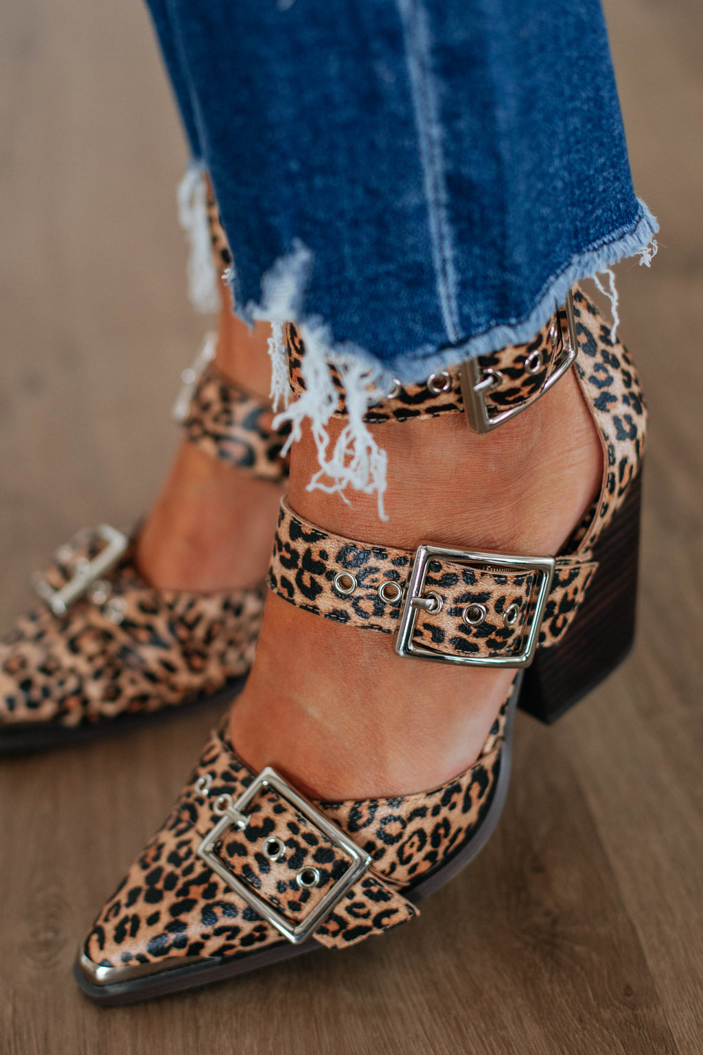 Leopard print heeled sandals with buckle ankle strap and block heel