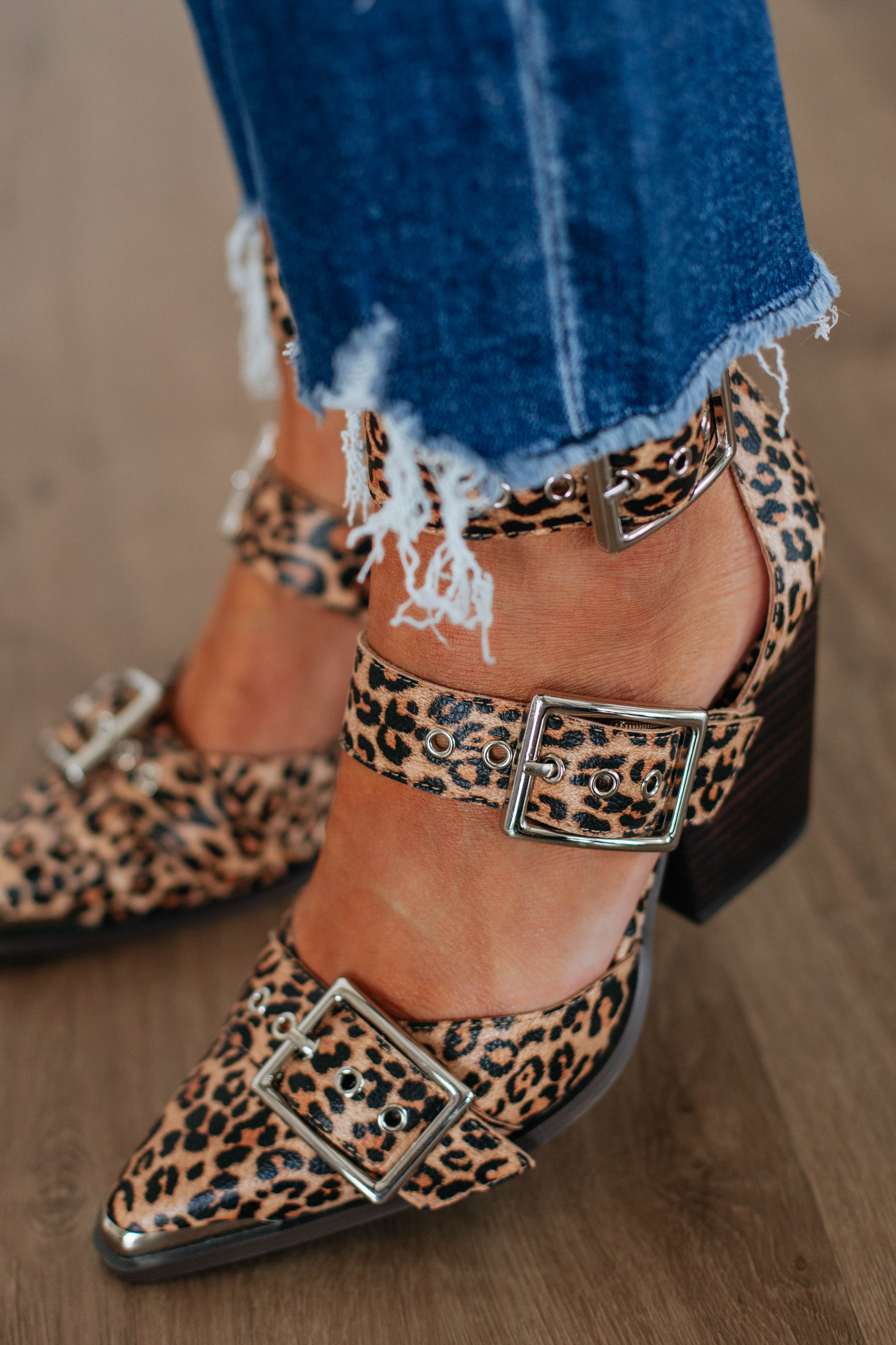 Leopard print heeled sandals with buckle ankle strap and block heel