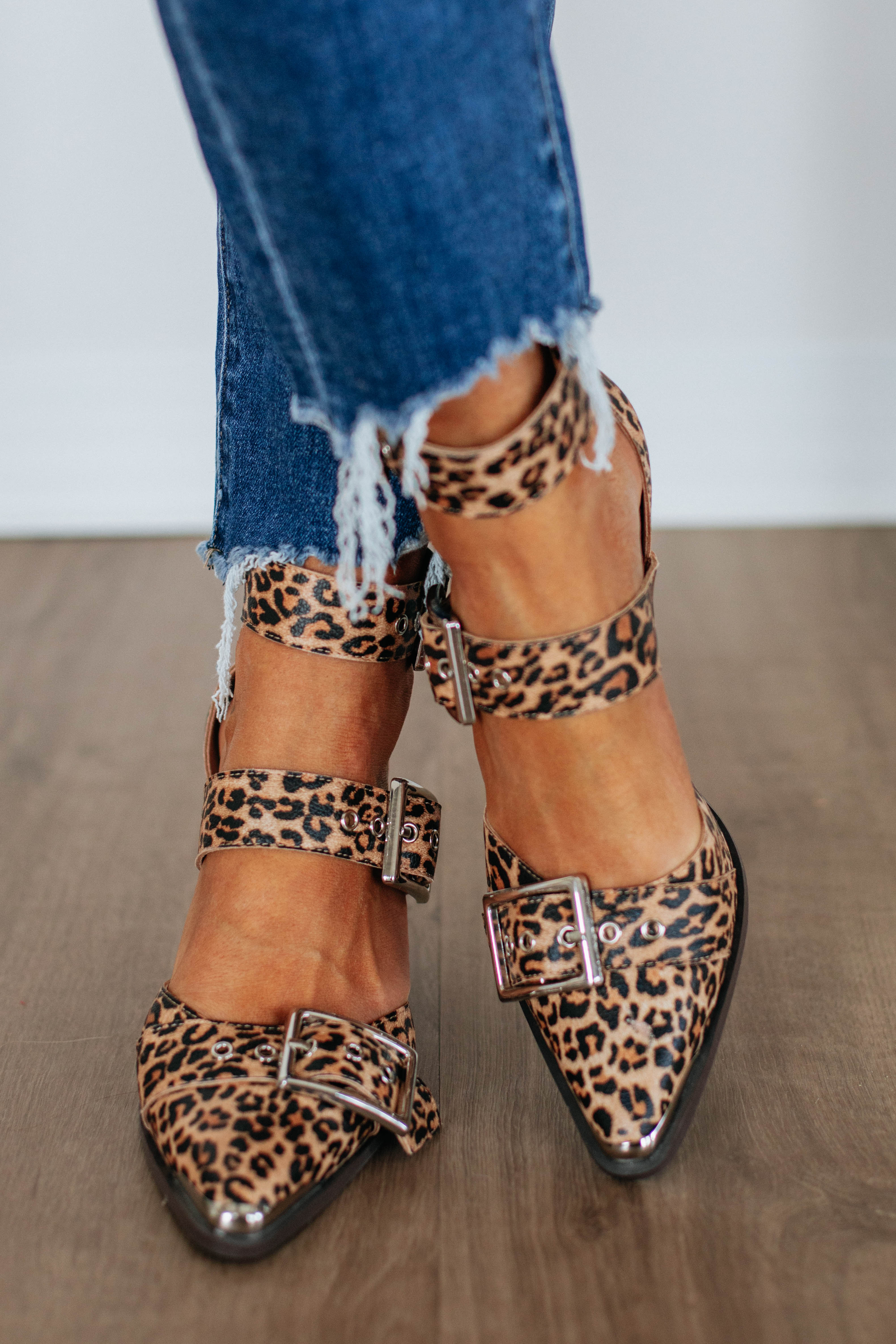 Leopard print heeled sandals with ankle and toe buckle straps, block heel