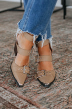 Tan heeled mules, pointed toe, two ankle straps with silver buckles