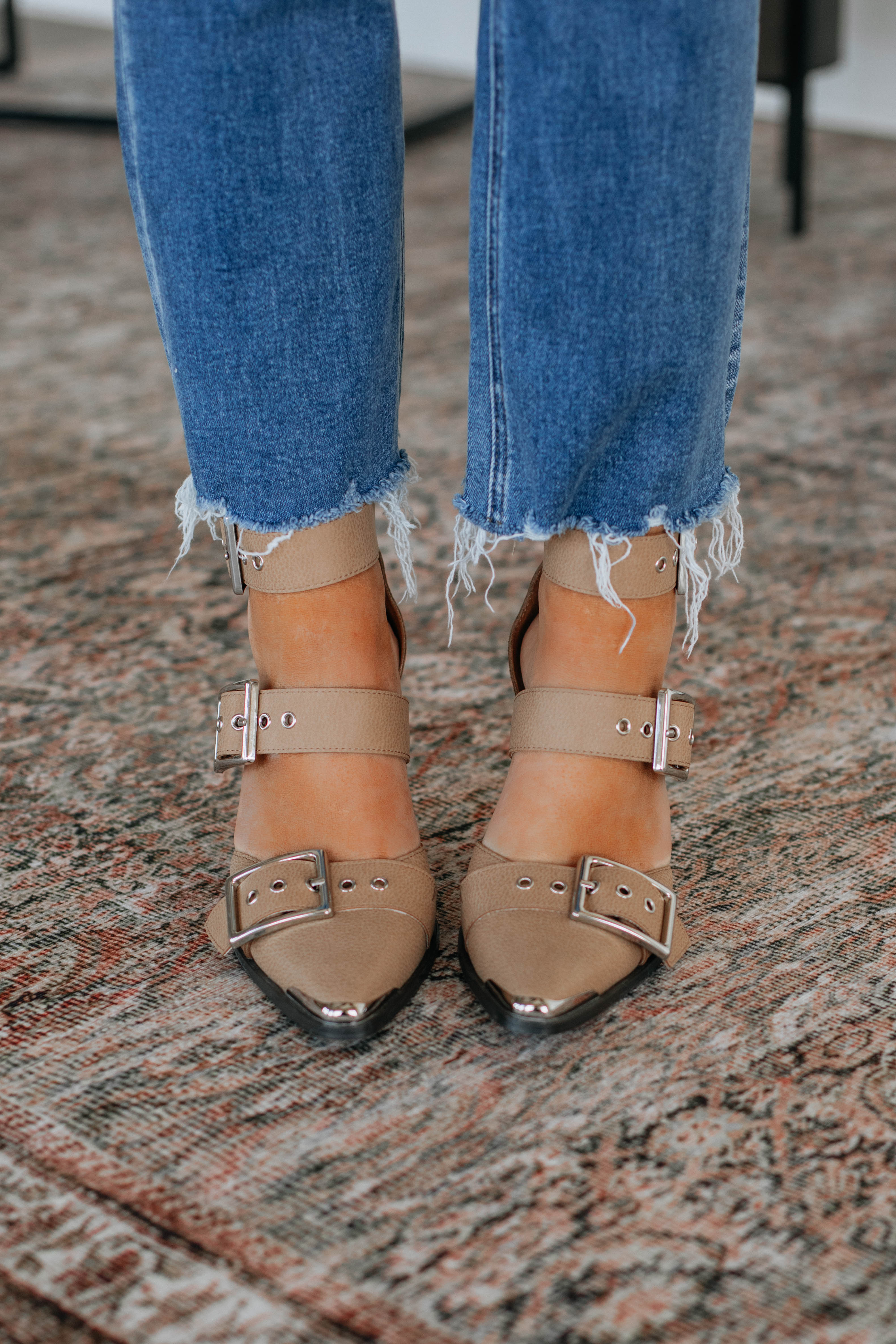 Tan heeled mules with pointed toe and ankle straps, silver buckles, block heel