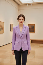 Lavender purple tweed blazer with notched lapels, single button, and flap pockets