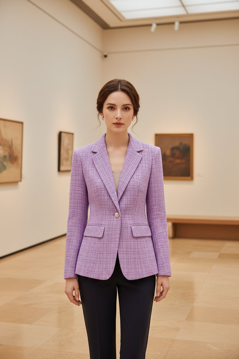 Lavender purple tweed blazer with notched lapels, single button, and flap pockets