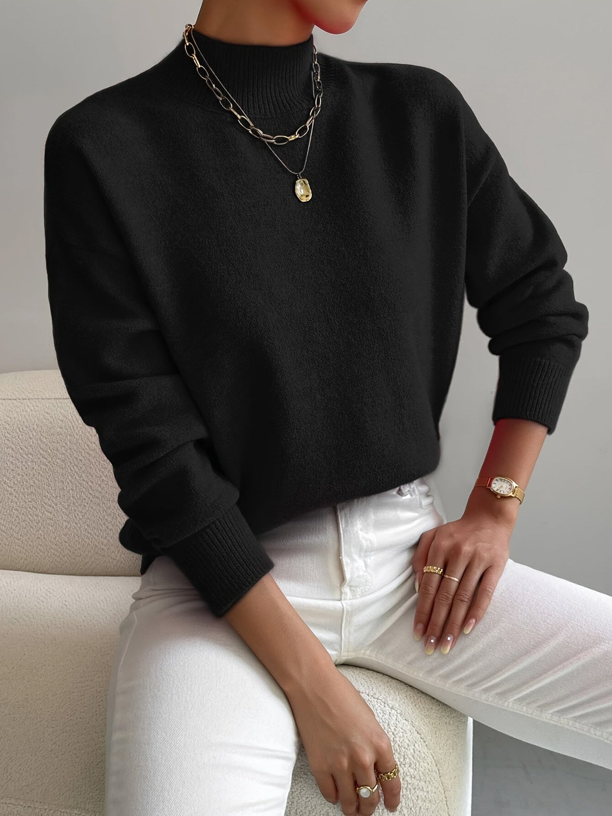 Women’s turtleneck knit sweater, black with long sleeves