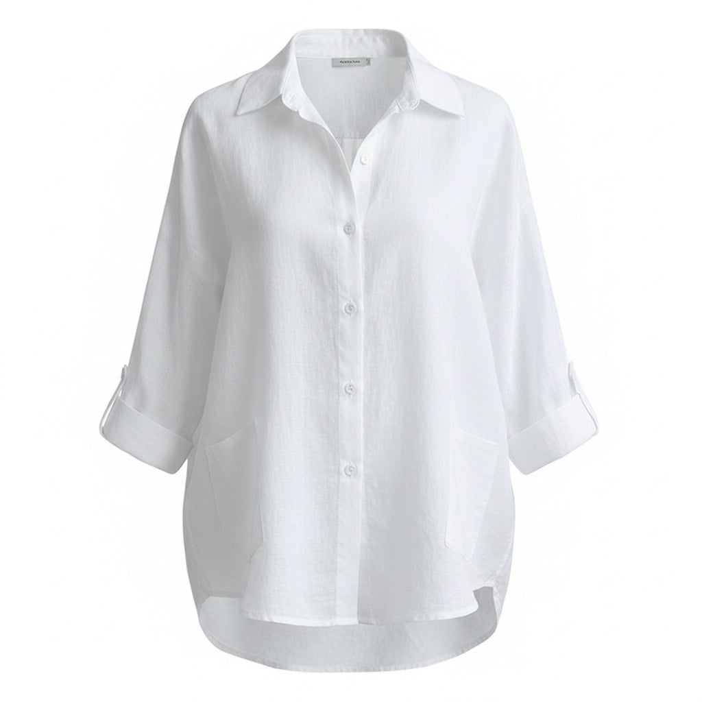 Women's linen-blend button-up shirt in white, button front and long sleeves