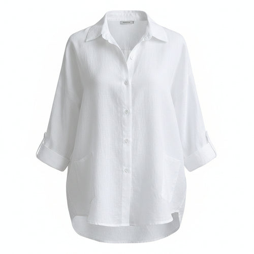 Women's linen-blend button-up shirt in white, button front and long sleeves