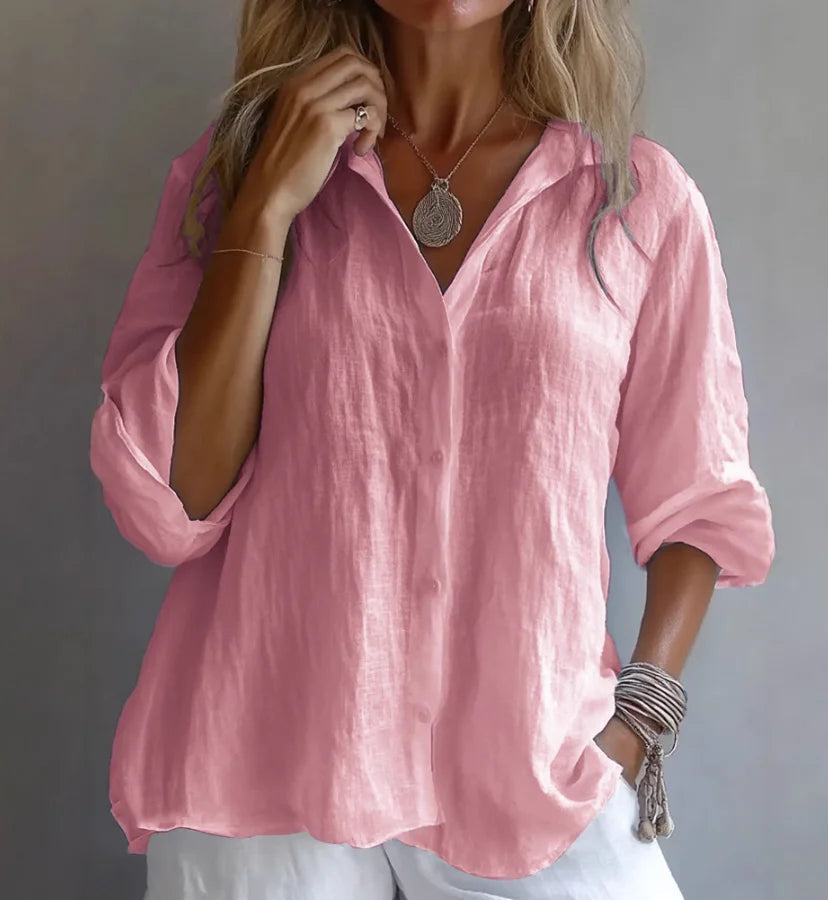 Women's linen-blend button-up shirt in pink, button front and long sleeves
