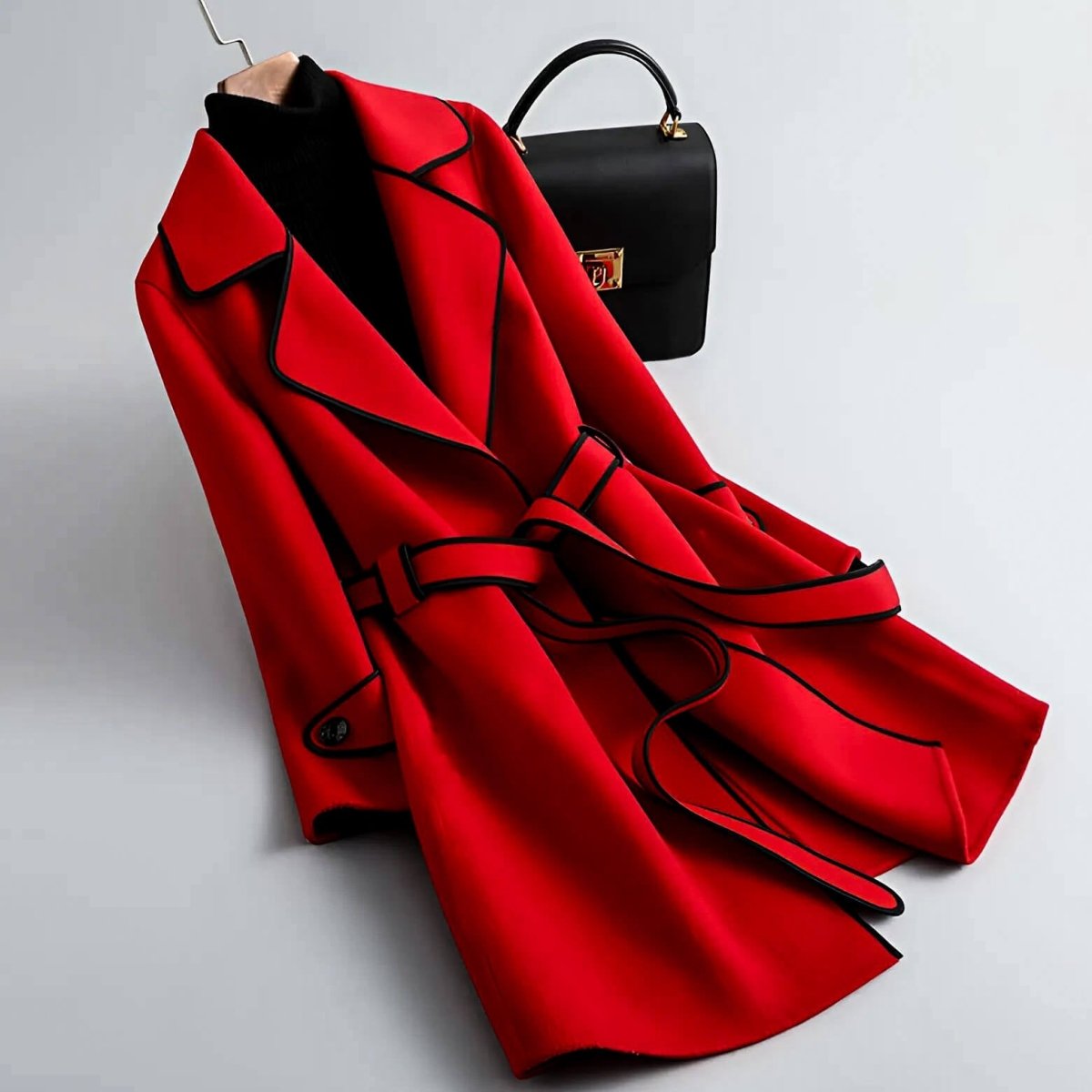 Crimson red wool coat with black-trim lapels, belt tie, and buttoned cuffs