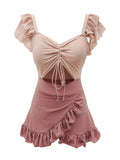 Rosepink ruffled keyhole swimsuit with off-shoulder sleeves and tiered skirt hem