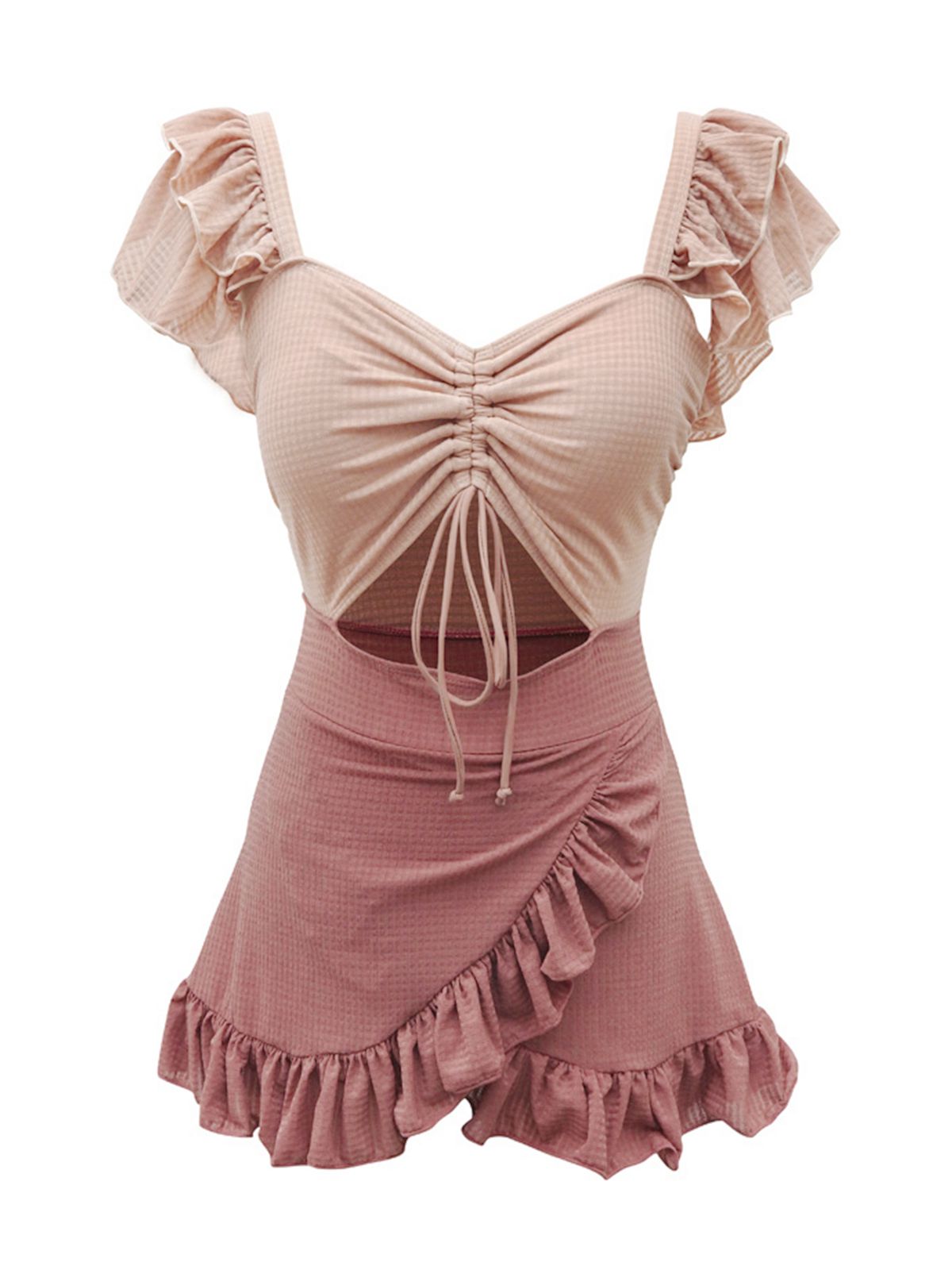 Rosepink ruffled keyhole swimsuit with off-shoulder sleeves and tiered skirt hem
