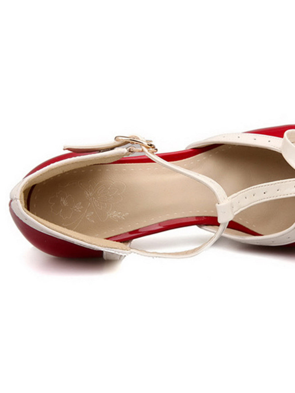 White-and-red high-heel shoes with open strap, gold buckle, and red footbed