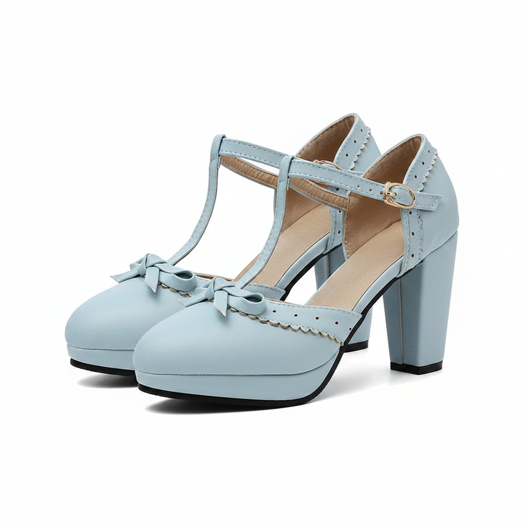 Sky blue T-strap high heels with bow detail and ankle strap buckle