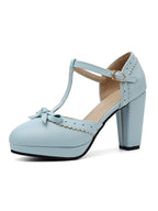Sky blue T-strap high heels with bow front and side cutout, block heel