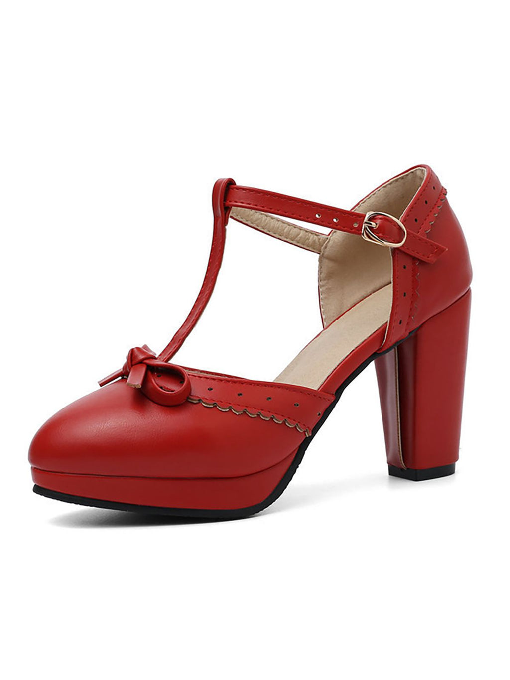 Red T-strap high heels with bow front and ankle strap buckle, square toe