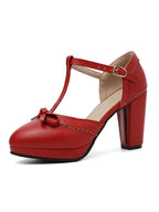 Red T-strap high heels with bow front and ankle strap buckle, square toe