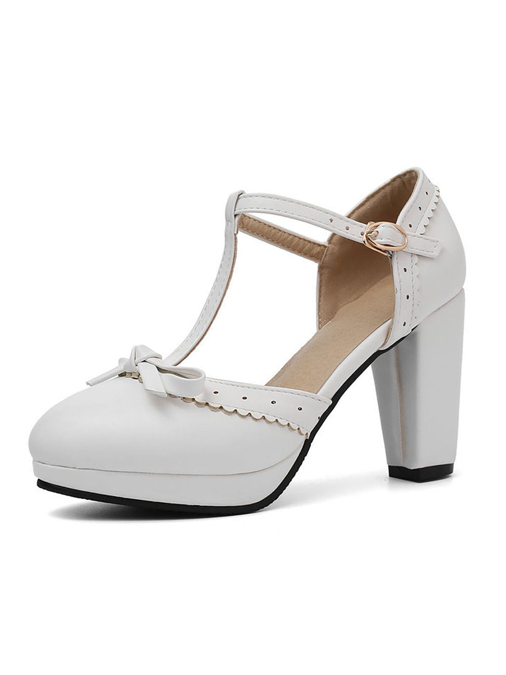 White T-strap high heels with bow front, ankle strap buckle and scalloped trim