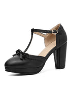 Black T-strap high heels with bow accent and ankle strap buckle, square toe
