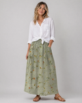 Sage green floral A-line skirt with side pockets and gathered elastic waistband