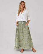 Sage green floral A-line skirt with side pockets, full maxi length