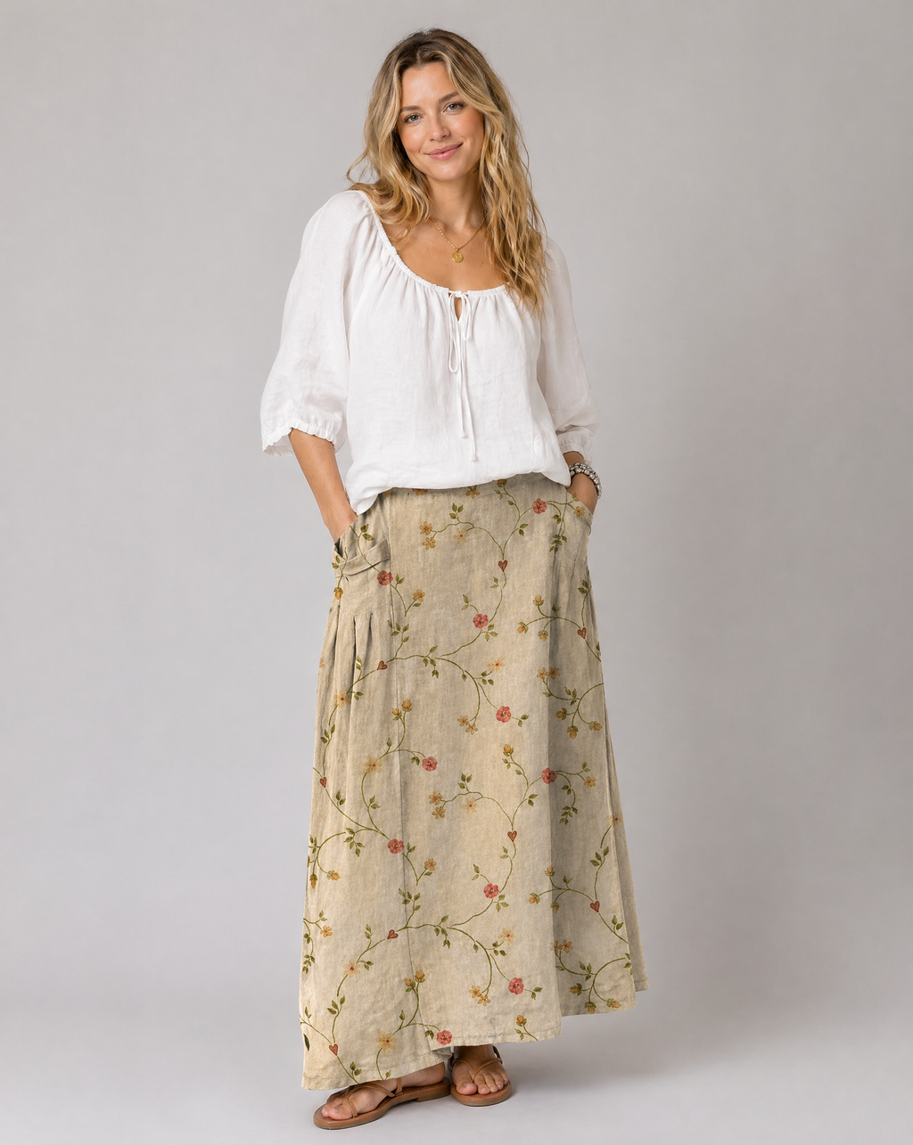 A-line pocket skirt with beige base and retro floral vine print