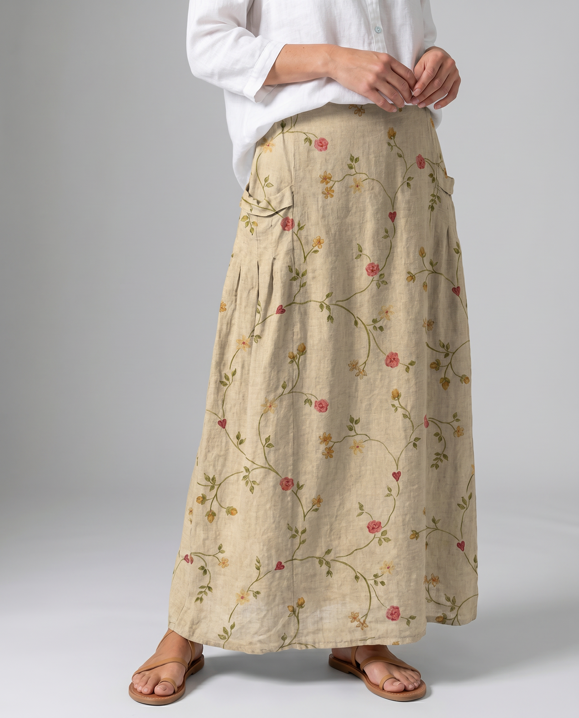 A-line pocket skirt close-up with retro floral vine print and gathered waistband