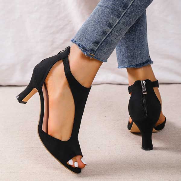 Black peep-toe heeled sandals with ankle strap and back zip detail