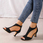 Black open-toe heeled sandals with ankle strap and block heel