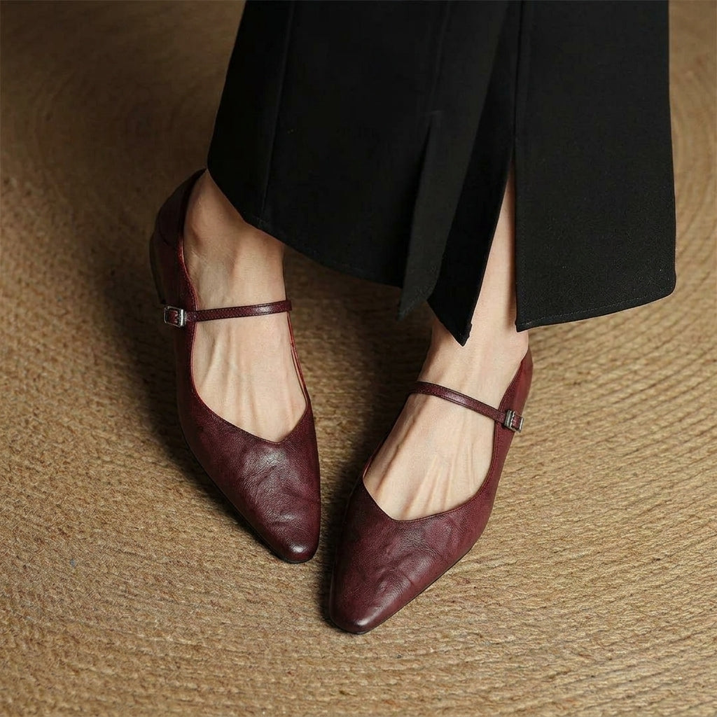 Maroon orthopedic leather mules with slingback strap and square buckle detail