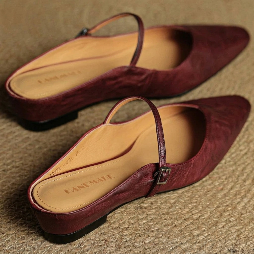 Maroon orthopedic leather mules shown side by side, slingback strap with square buckle