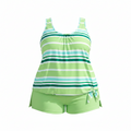 Plus size striped tankini set with green shorts and sleeveless scoop-neck top