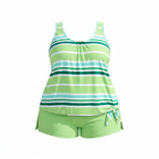Plus size striped tankini set with green shorts and sleeveless scoop-neck top