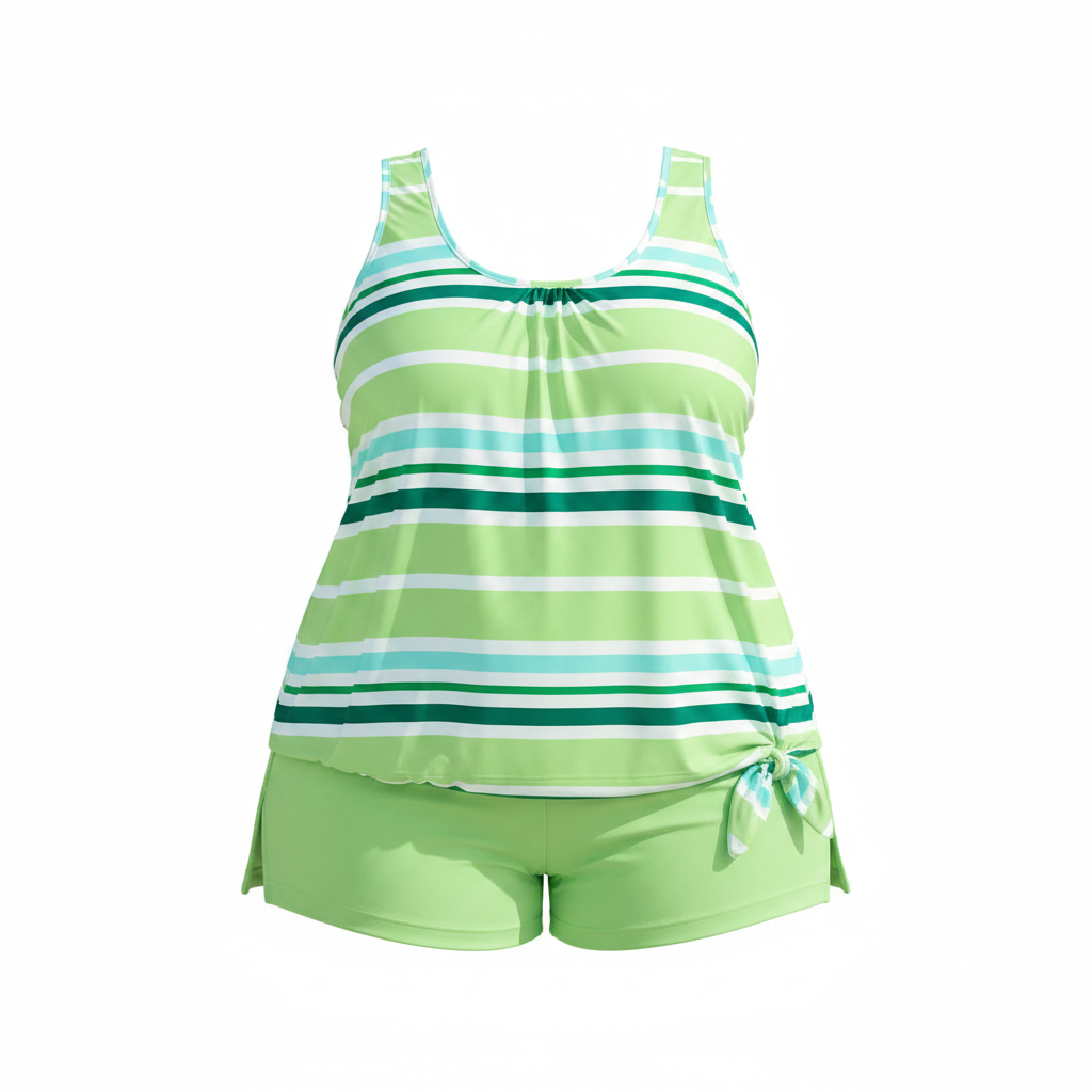 Plus size striped tankini set with green shorts and sleeveless scoop-neck top