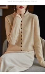 Women's merino wool button cardigan, light beige fuzzy knit, button-front with ribbed cuffs