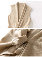 Women’s merino wool belted sweater vest, light beige, V-neck and tied belt at waist