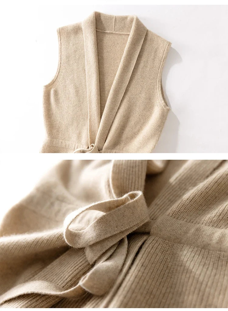 Women’s merino wool belted sweater vest, light beige, V-neck and tied belt at waist