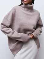 Taupe oversized merino-wool blend turtleneck sweater, ribbed cuffs and hem